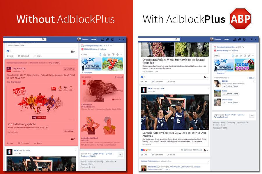 Facebook with and without Adblock Plus.