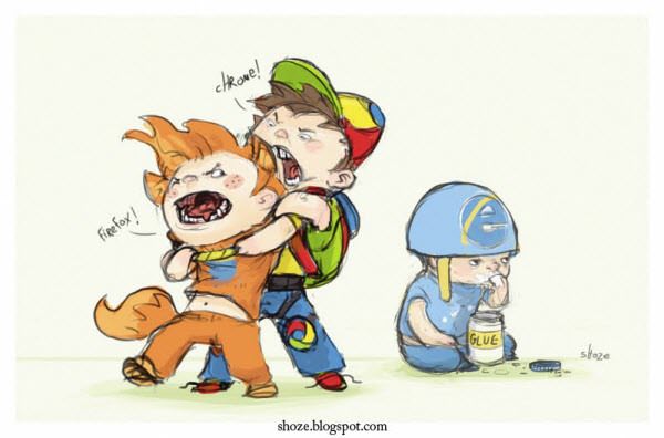 Firefox and Chrome go at it while Internet Explorer sits it out eating glue.