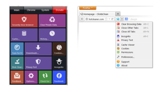 Dropdown menu for Chrome on the left and Firefox on the right. Click&Clean for Chrome and FIrefox.